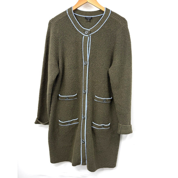 Talbots Cardigan Womens Tipped Textured Pockets Button Down Sweater Green Blue L - Picture 1 of 6